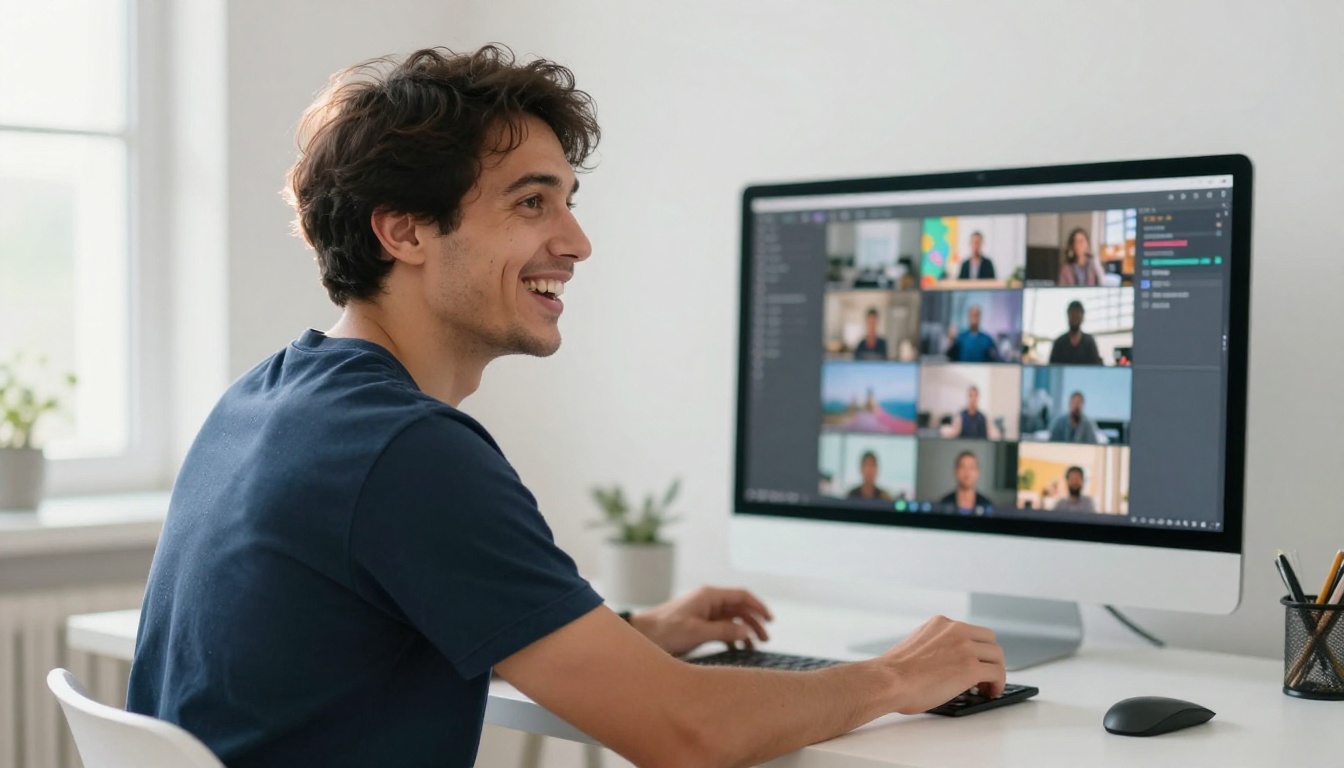 Young man smiling at monitor showing colorful video thumbnail grid Young man smiling at monitor showing colorful video thumbnail grid