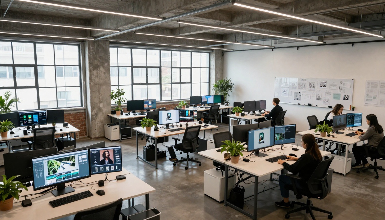 Wide aerial view of a modern creative studio with designers working at monitors