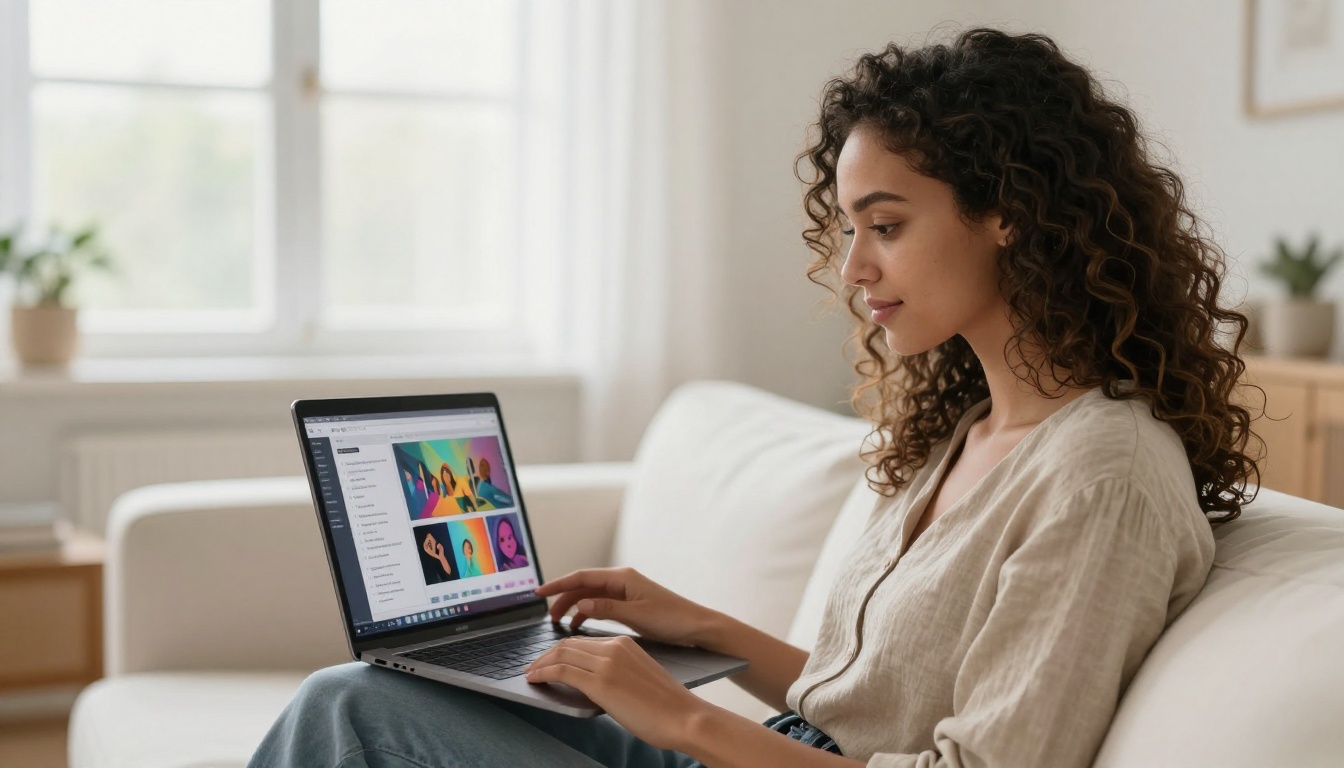 A beautiful young woman with natural curly hair sitting cross-legged on a white sofa in a Scandinavian living room using an AI video laptop A beautiful young woman with natural curly hair sitting cross-legged on a white sofa in a Scandinavian living room using an AI video laptop