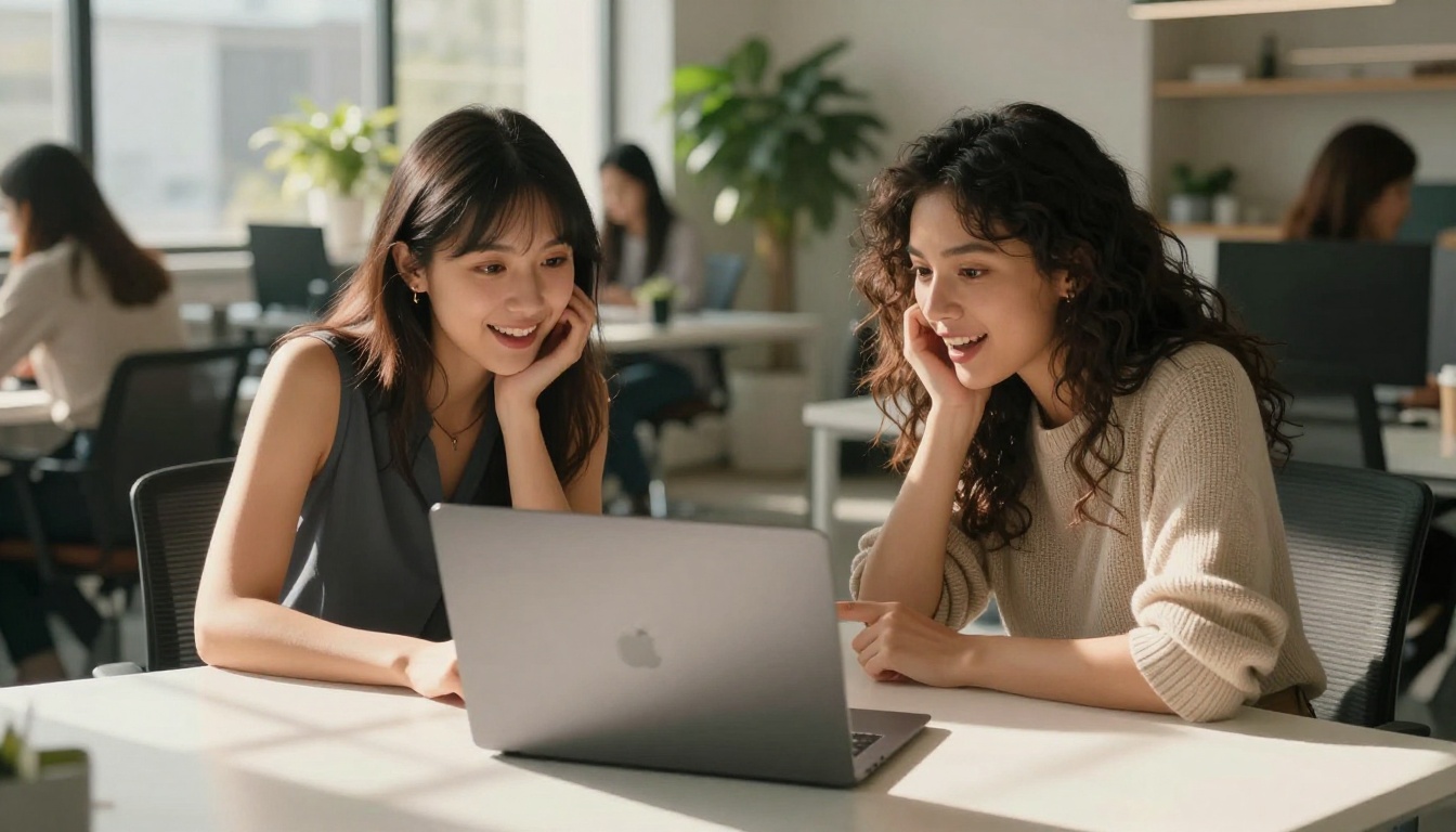 Two women collaborating on AI video generation at a co-working space desk