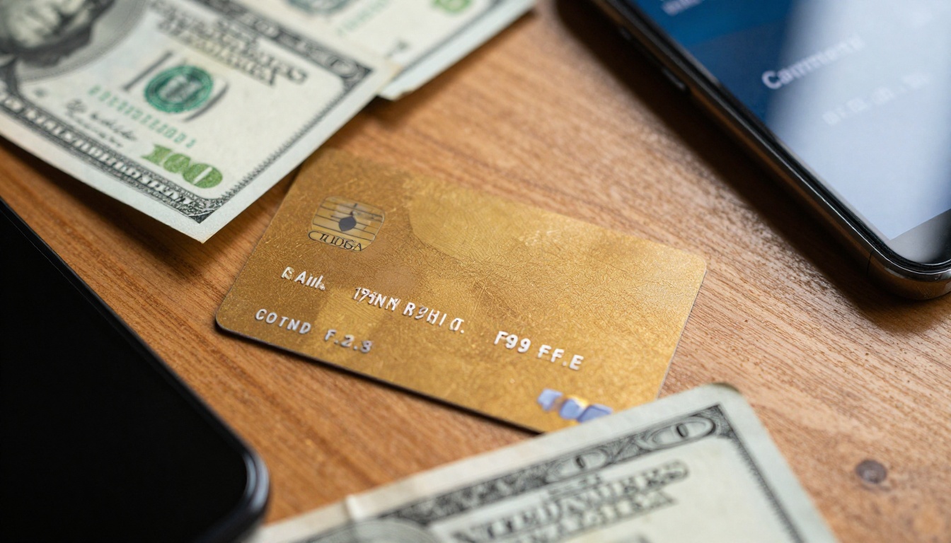 Overhead shot of scattered dollar bills and credit cards on a wooden desk