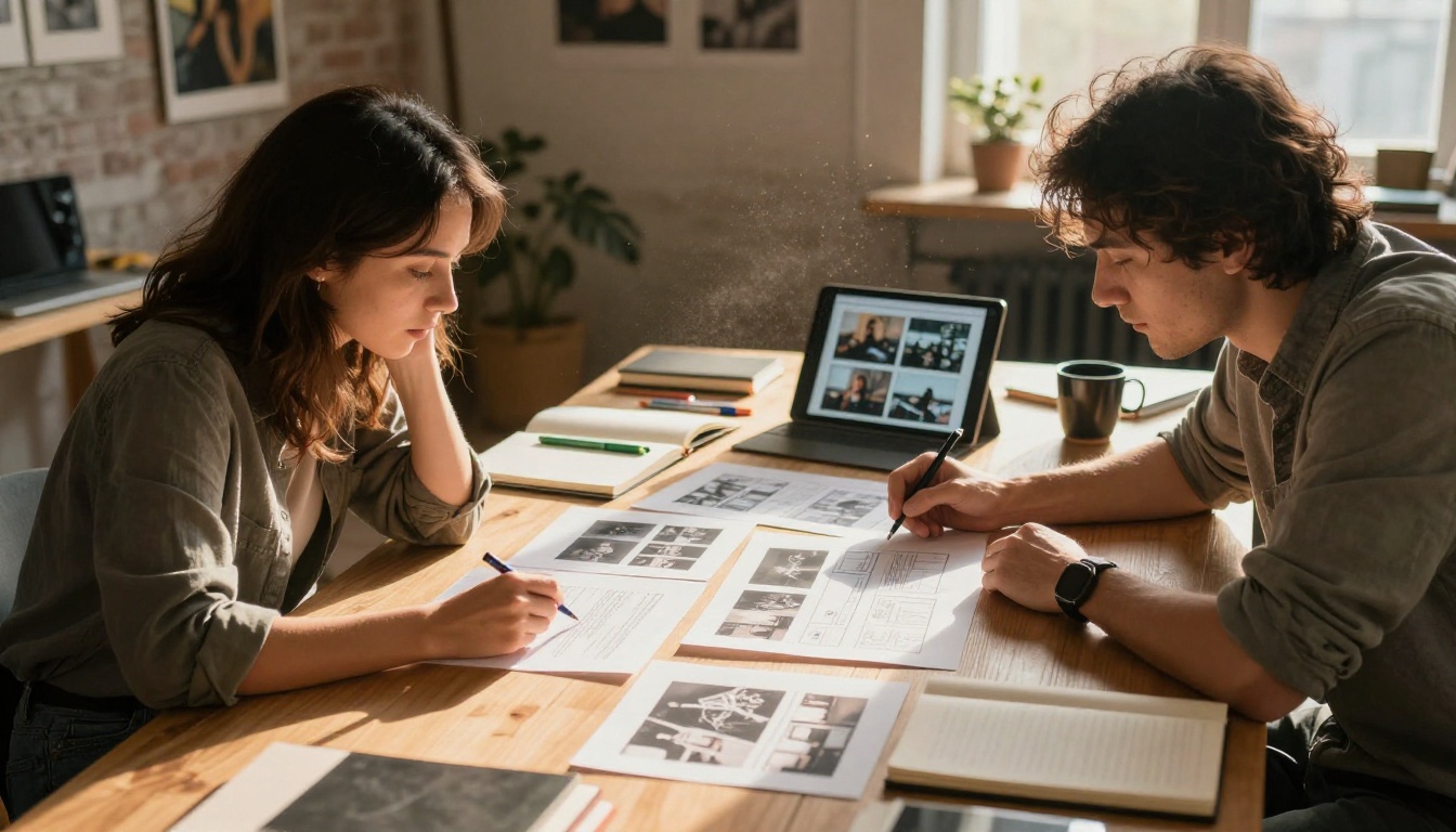Two creators collaborating over AI video storyboards