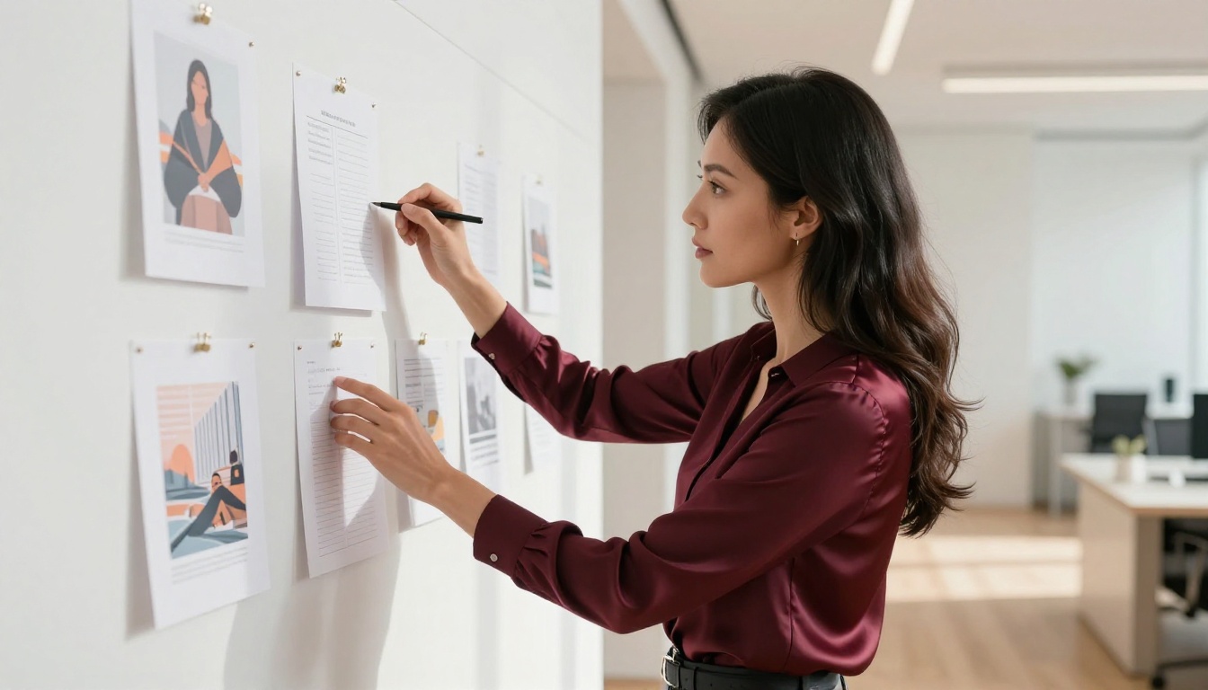 Creative professional reviewing AI-generated artwork on corkboard