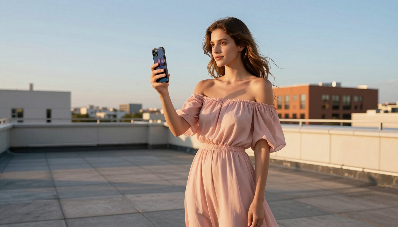 Woman in blush dress on rooftop terrace holding smartphone with AI video grid