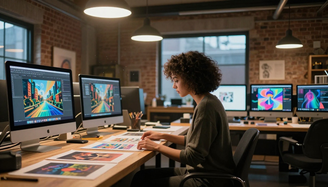 Creative studio with AI artwork on screens and long wooden worktable