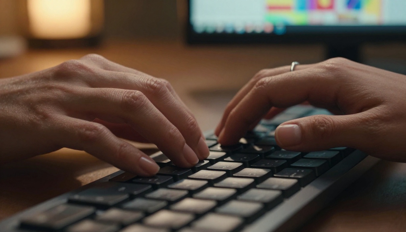 Close-up of hands typing on mechanical keyboard with video timeline visible on monitor Close-up of hands typing on mechanical keyboard with video timeline visible on monitor