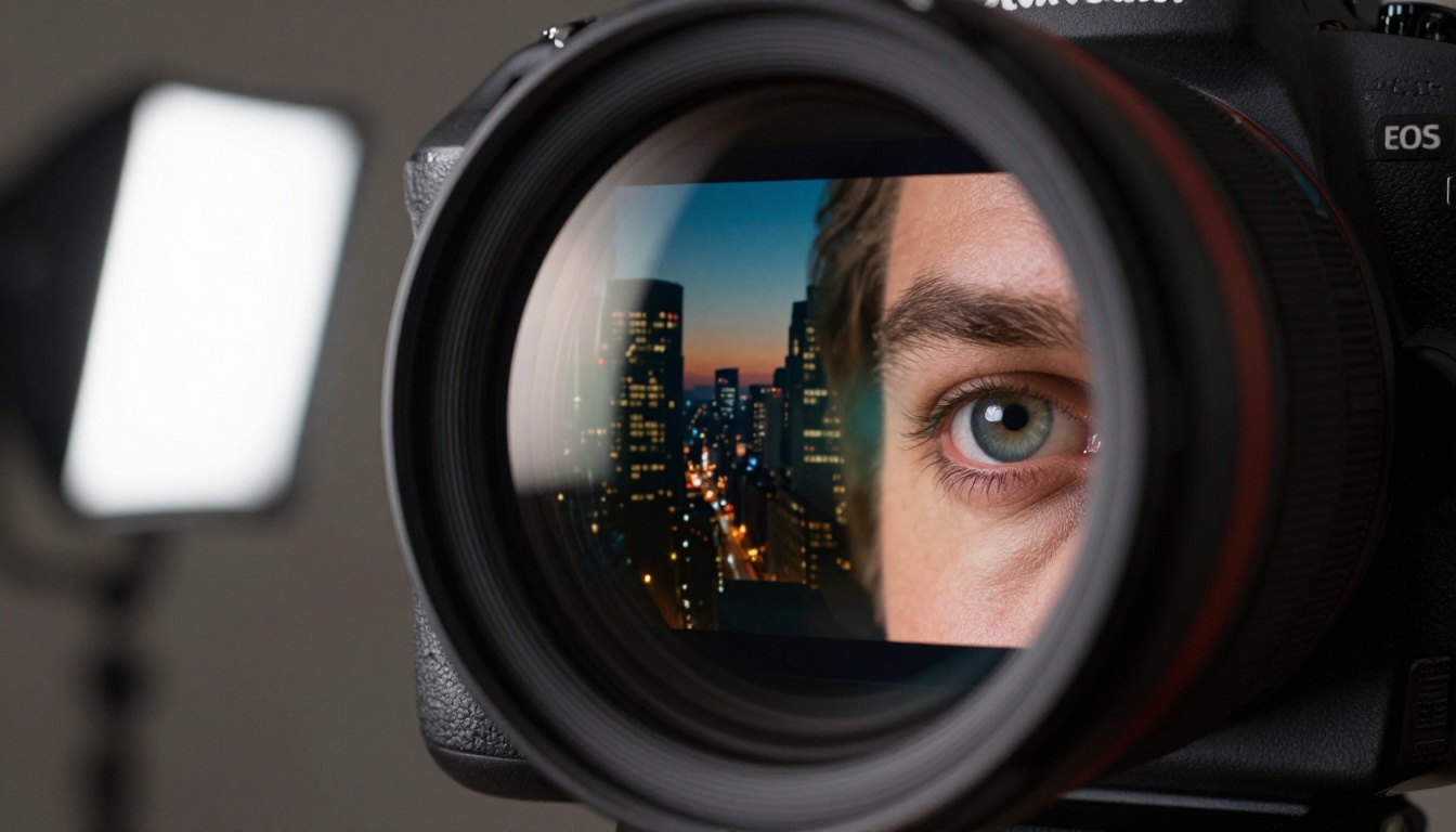 Close-up of a filmmaker's eye reflected in a cinema monitor showing AI-generated cityscape footage with deep cinematic color grading