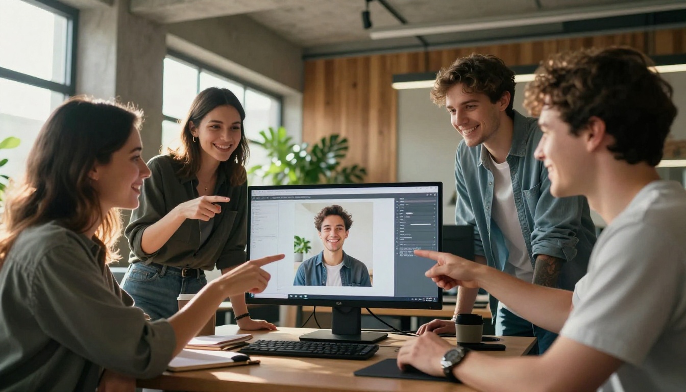 Diverse group of three content creators smiling around a large monitor