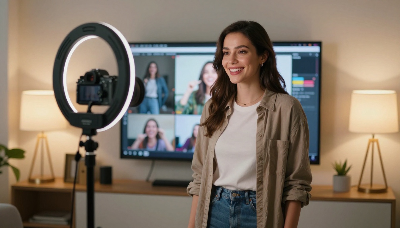 Content creator in home studio with AI video tools