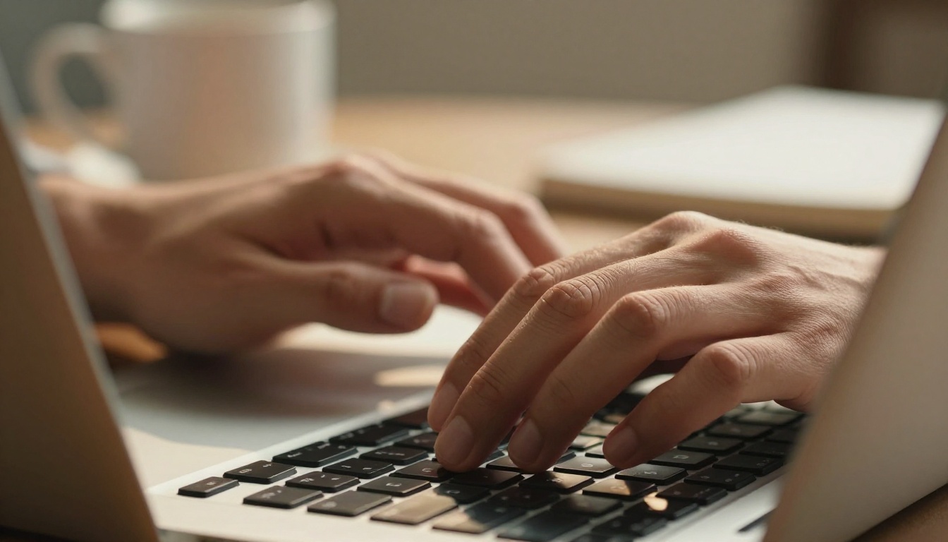 Hands typing AI content prompts on laptop keyboard, warm side light