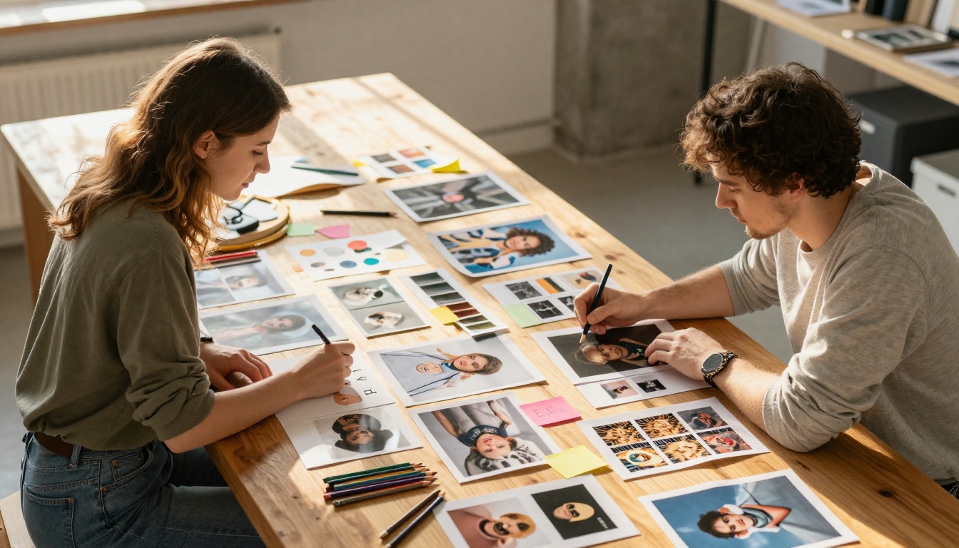 Two creative professionals collaborating at worktable with printed AI artwork