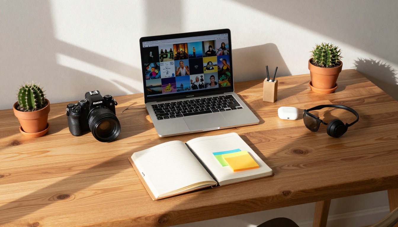Overhead flat lay of creative workspace with laptop, camera, and notebook Overhead flat lay of creative workspace with laptop, camera, and notebook