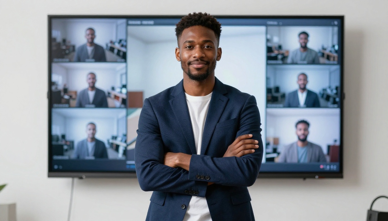 A young Black male creative director in a navy blazer standing confidently in front of a large screen displaying AI video output frames in a grid