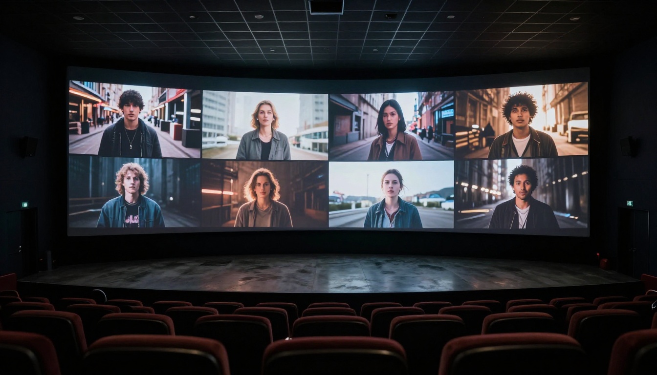 Split-screen AI video model comparison on large cinema display