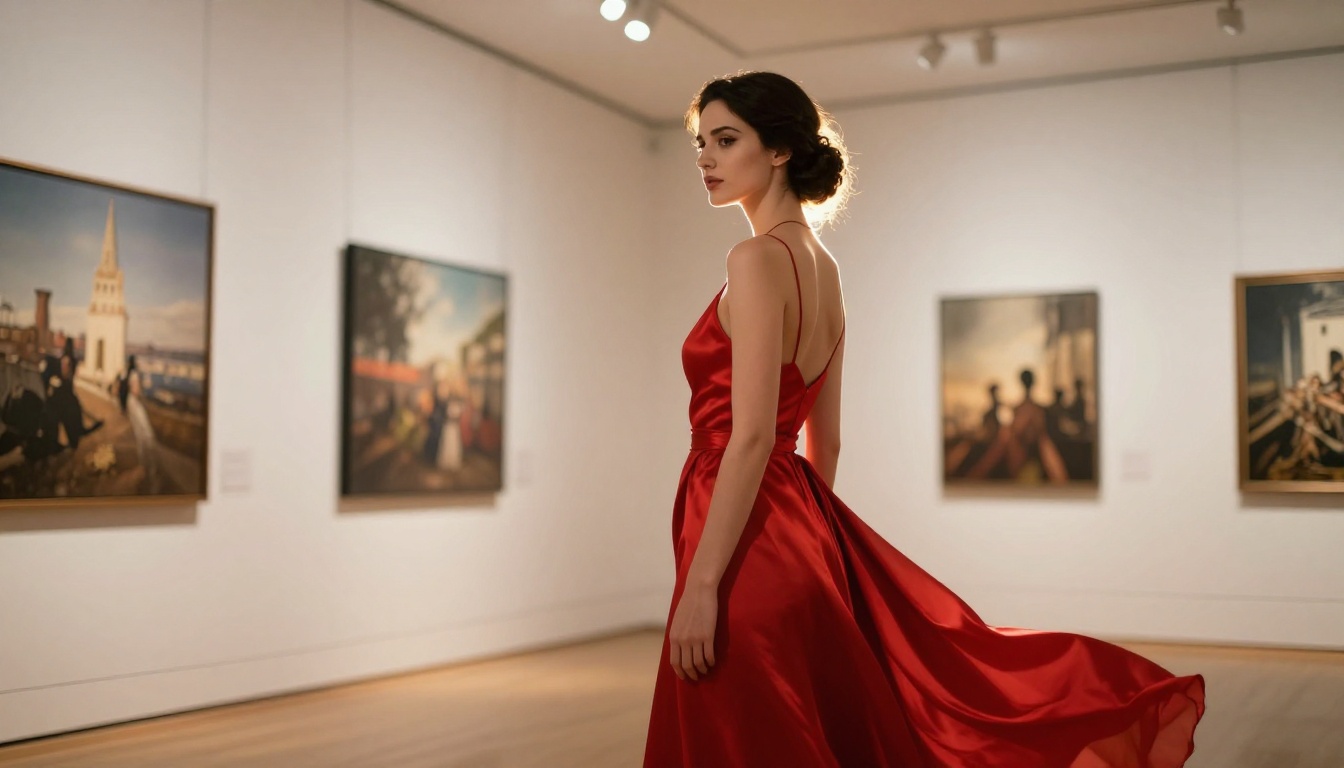 Glamorous woman in red dress viewing AI photography prints in gallery