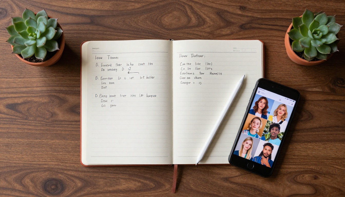 Creative desk flat lay with notebook, phone, and succulent plant