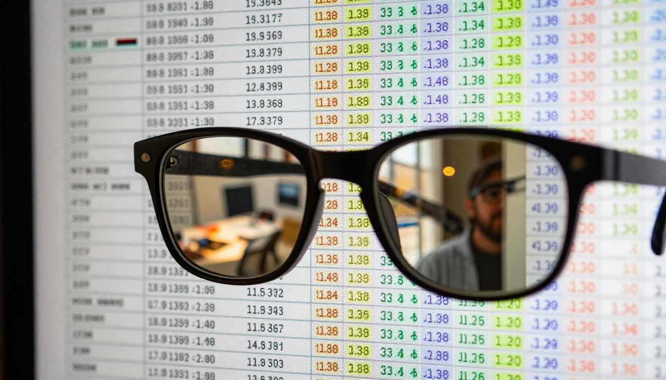 Close-up of screen showing data comparison reflecting in glasses