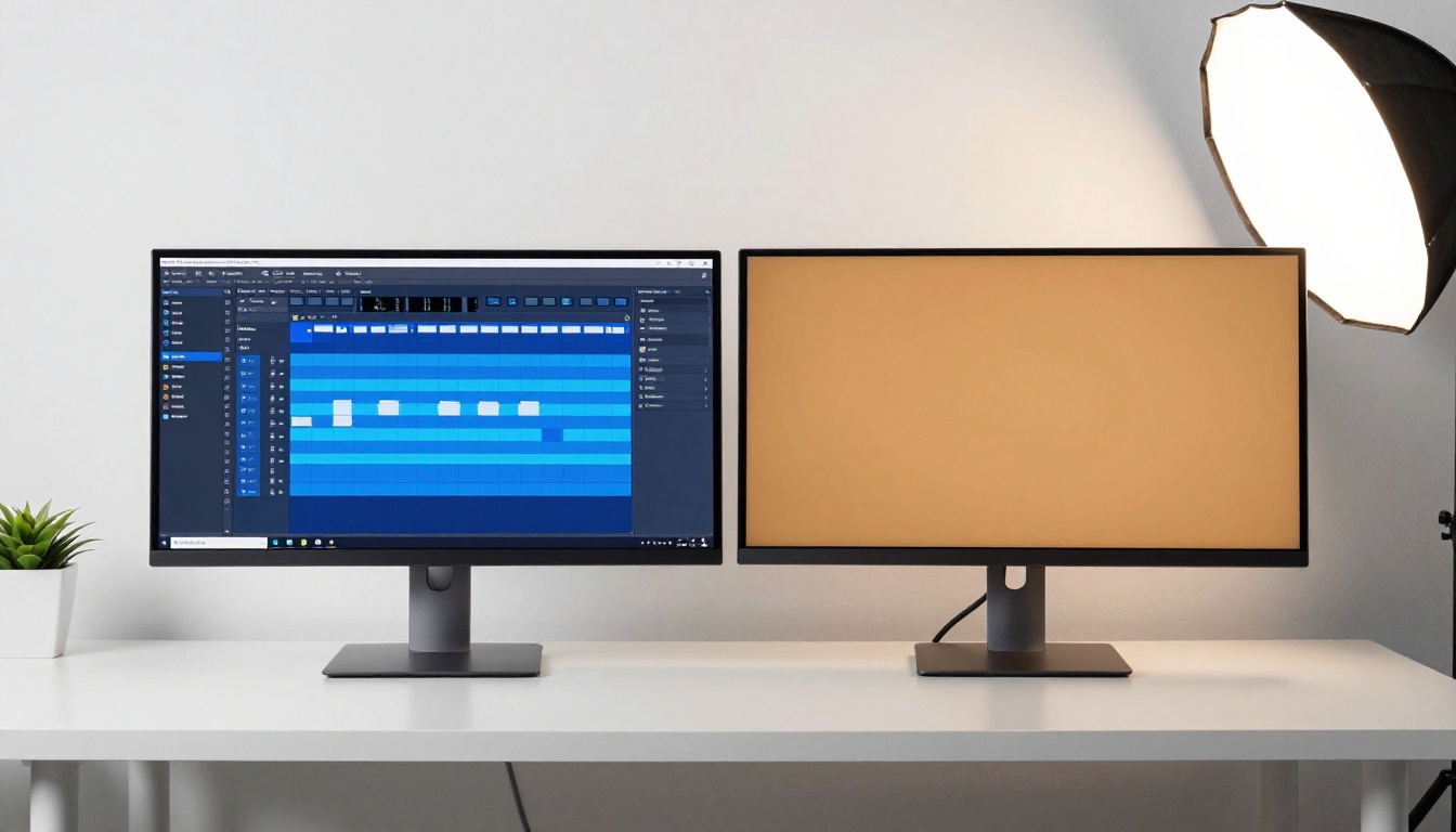 Two monitors on white desk showing different video editing interfaces