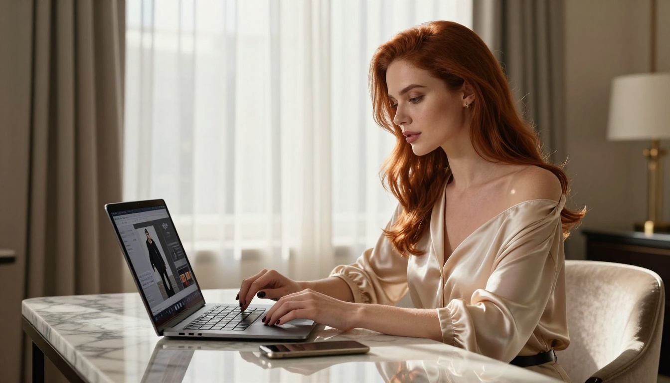 A glamorous woman with auburn hair in a silk blouse at a marble desk in a luxury suite with a laptop showing an AI video platform