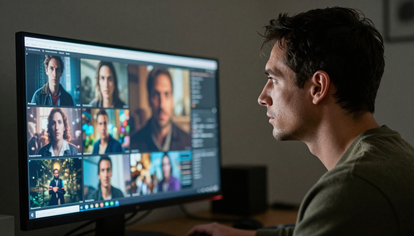 Man in profile looking at AI video thumbnails on a monitor