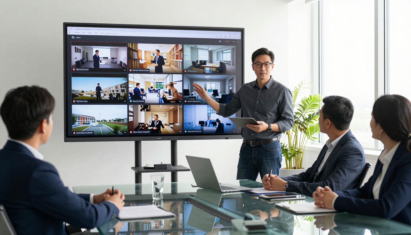 Marketing professional presenting AI-generated video to team