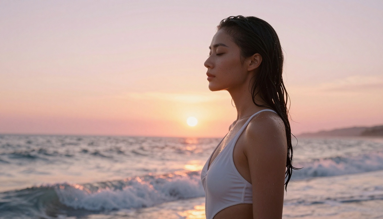Woman at ocean's edge at golden hour, serene and free from restrictions