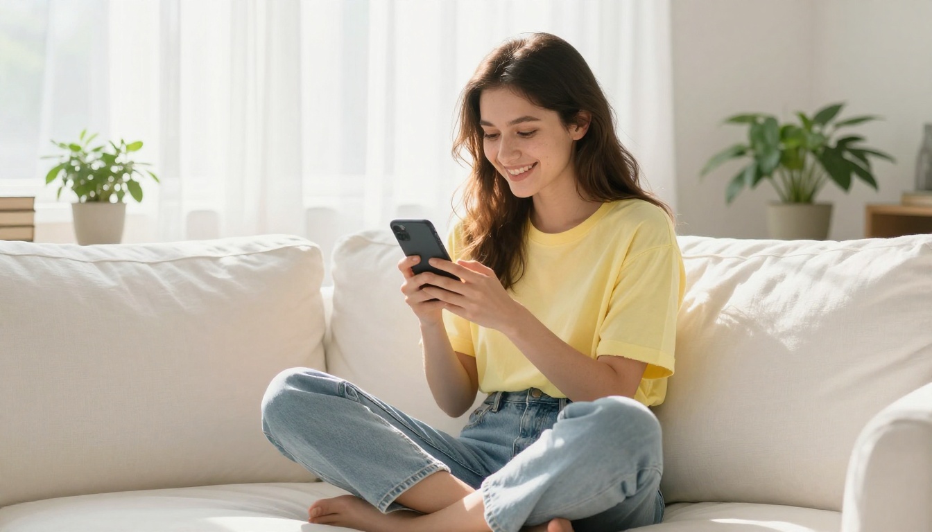 Woman on white sofa smiling at smartphone in morning light Woman on white sofa smiling at smartphone in morning light