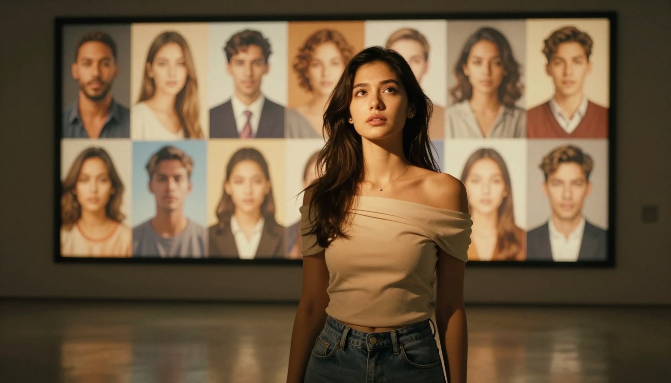 Young woman standing before a large AI portrait gallery display wall