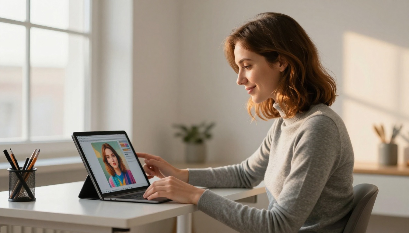 Woman smiling at tablet showing AI image results in bright home studio