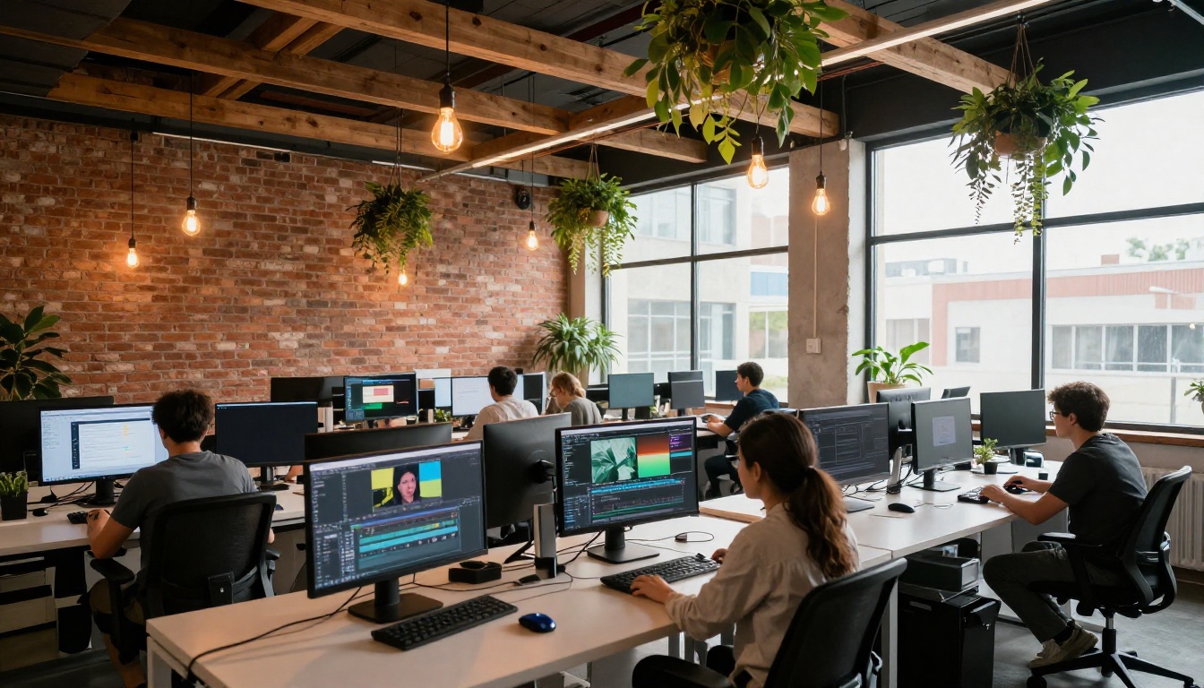Wide establishing shot of a modern creative agency office floor with employees at standing desks using AI platforms, exposed brick and hanging plants