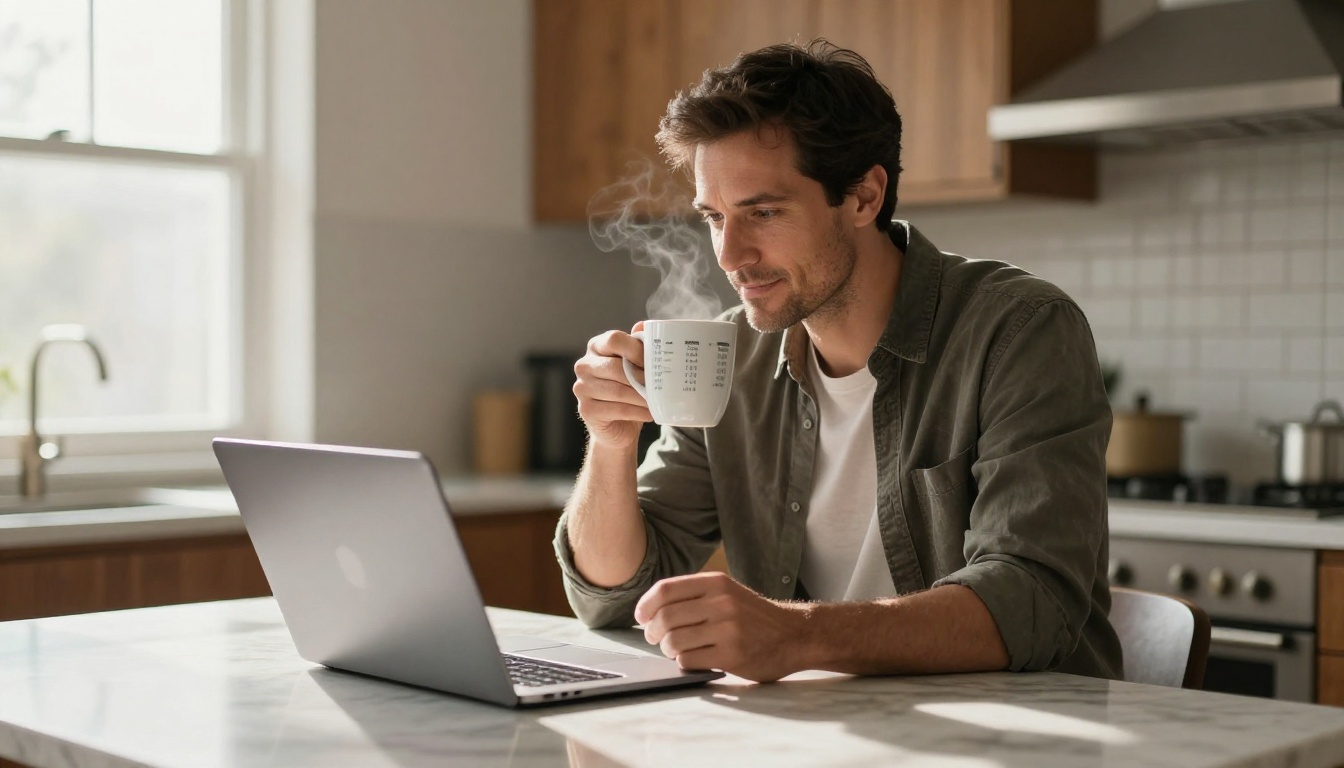 Man at kitchen island reviewing pricing comparison on laptop with coffee mug