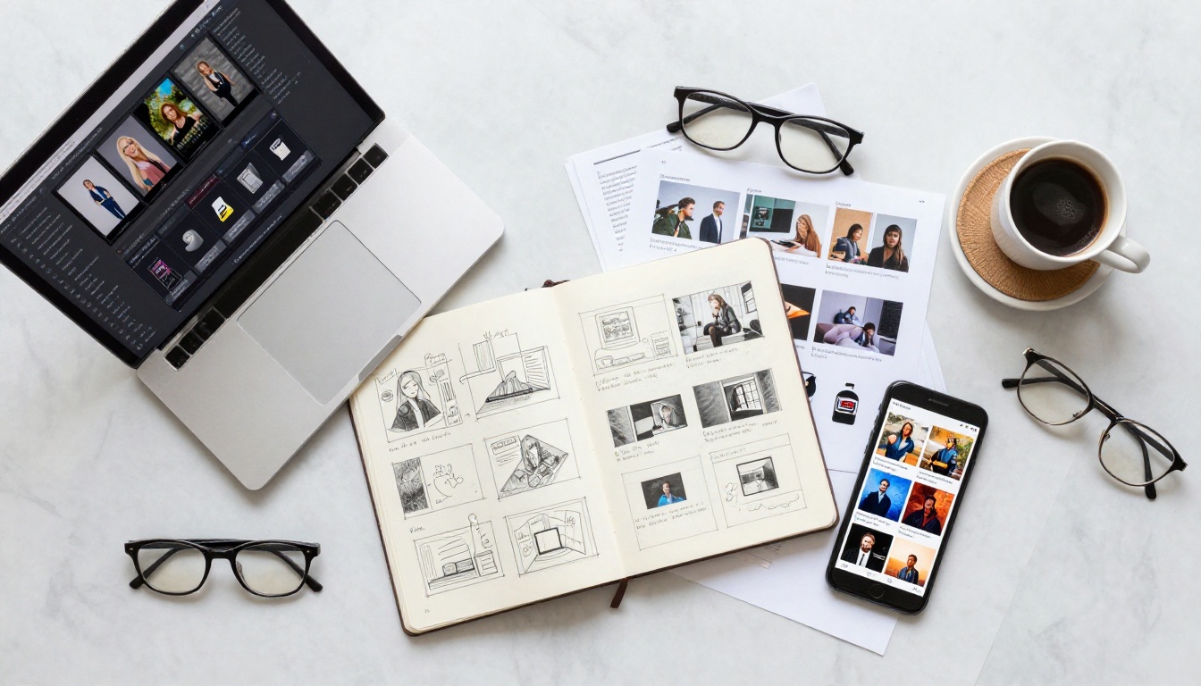 Overhead flat-lay of creative workspace with AI video tools