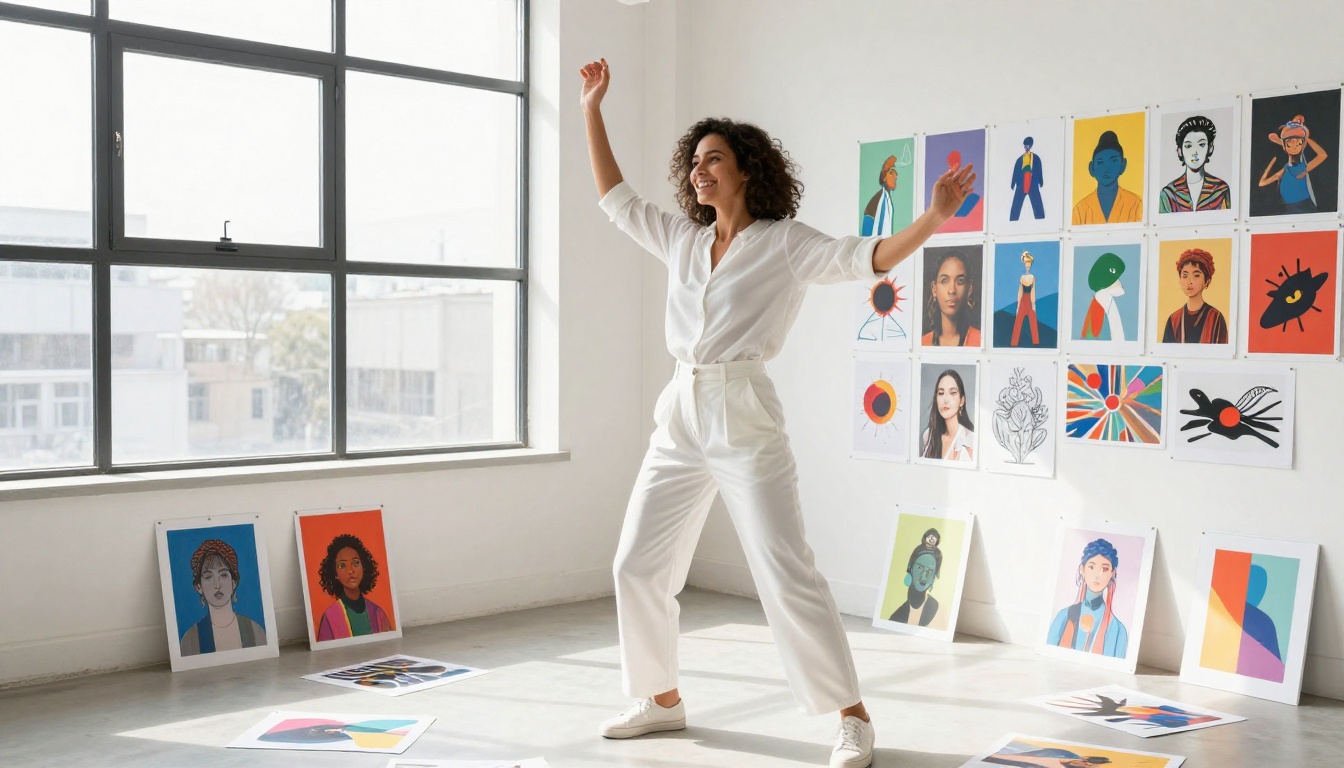 Creative woman surrounded by AI artworks in bright studio, arms raised in expression