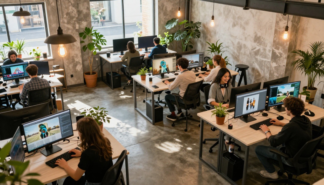 Creative professionals in co-working space working on AI video projects