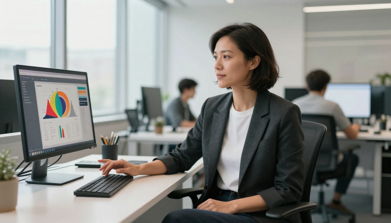 Confident creative director at minimalist standing desk with team in background