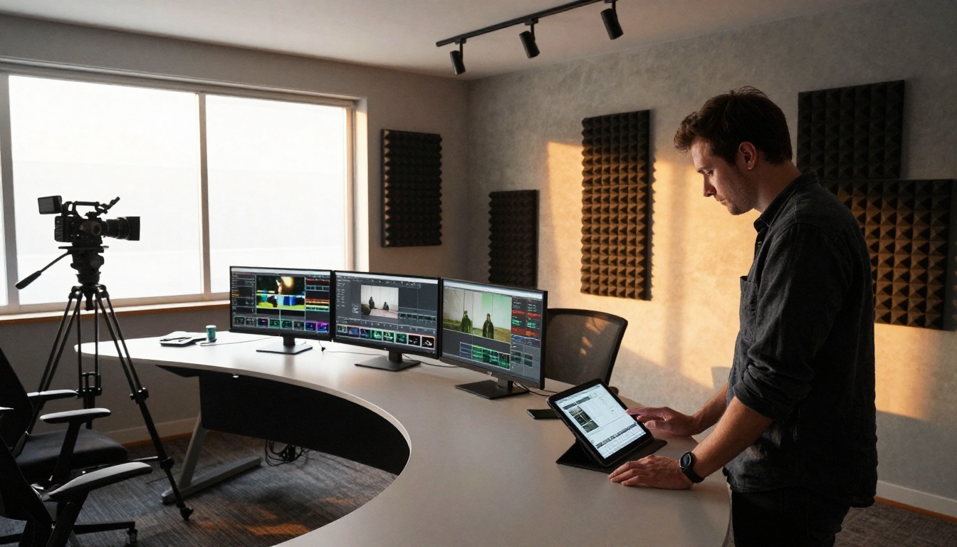 Wide-angle modern production workspace with three monitors and man reviewing footage on tablet