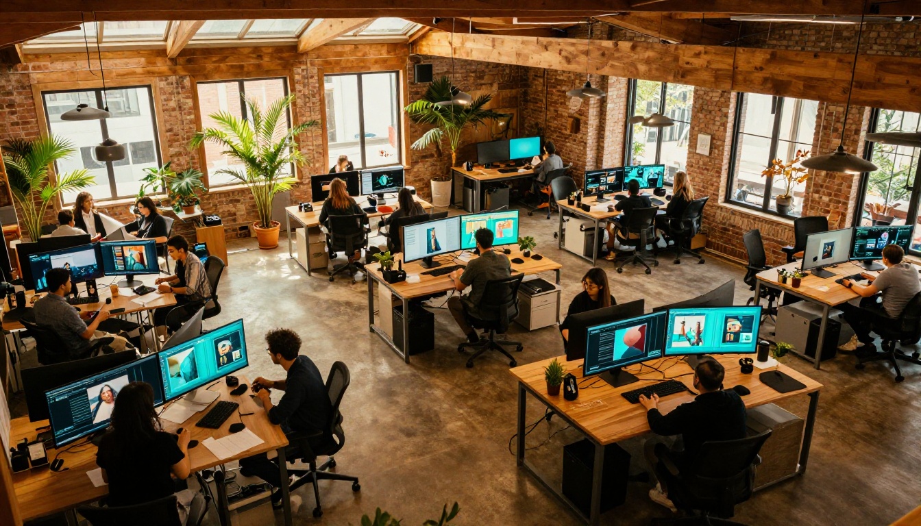 Aerial view of modern open-plan creative office with multiple workstations displaying AI-generated content