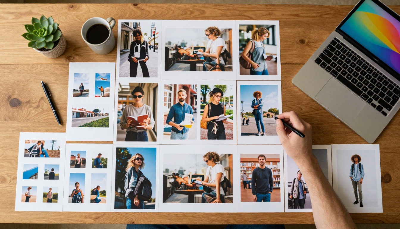 Aerial view of creative workspace with printed AI-generated images arranged on desk