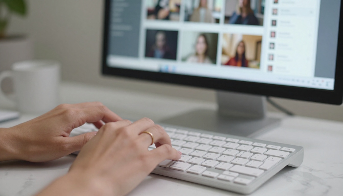Close-up of feminine hands typing on a white keyboard with AI interface visible on monitor