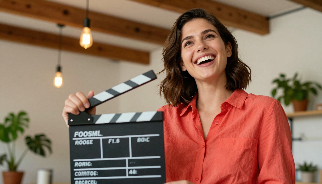 Confident woman with clapperboard laughing in bright open studio with wooden ceiling beams