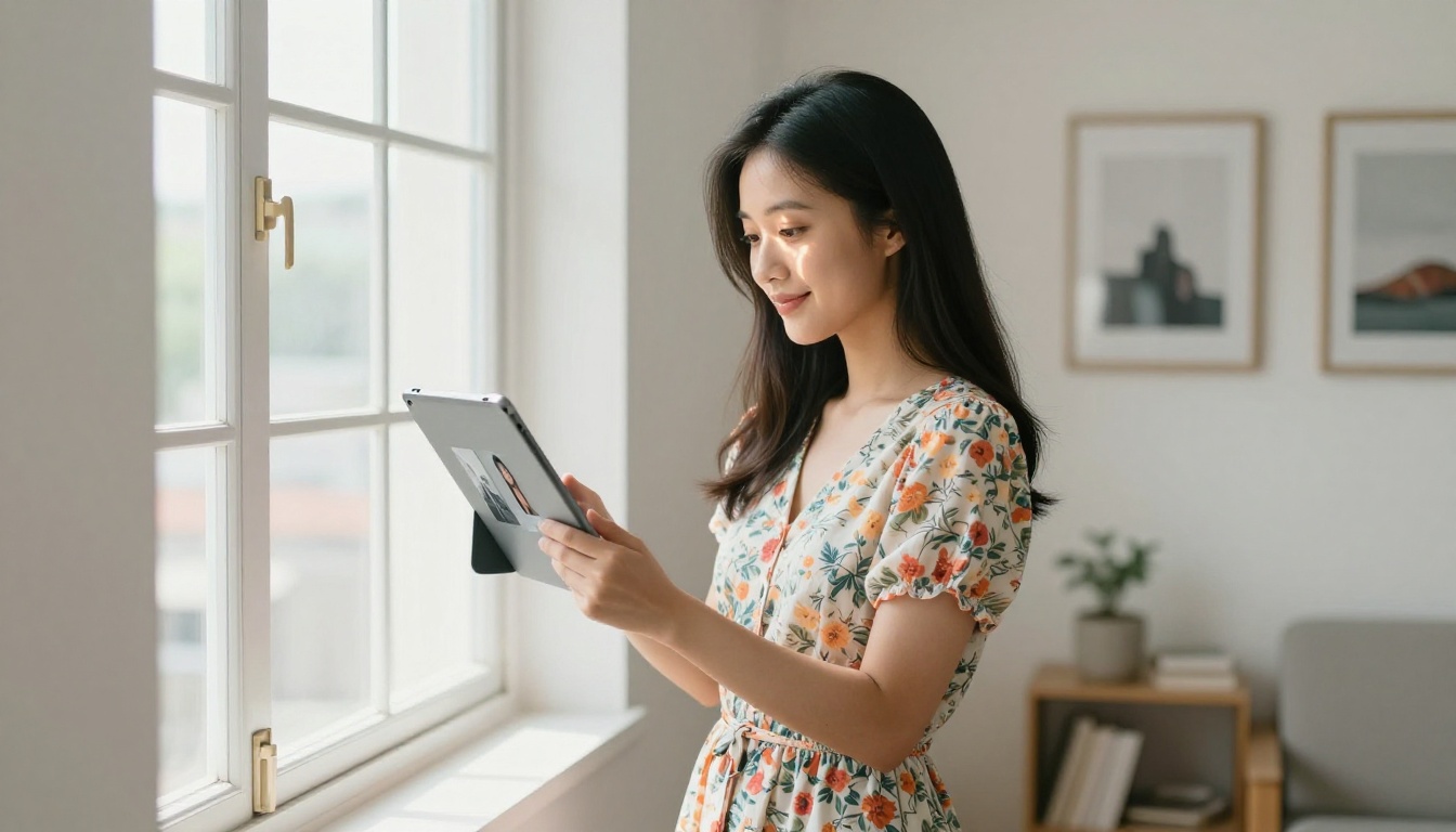 Young East Asian woman smiling and holding a tablet showing her AI-generated image gallery near a bright window
