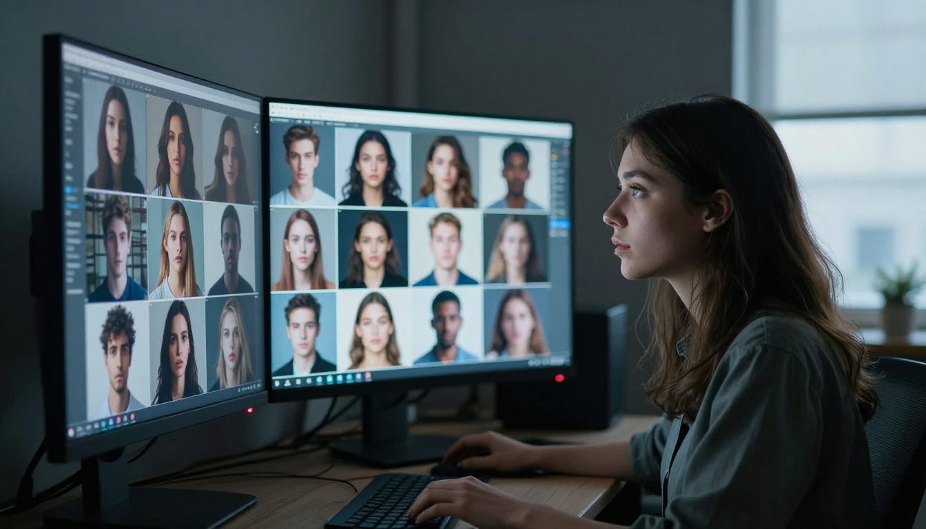 Designer reviewing AI-generated image comparison on monitor