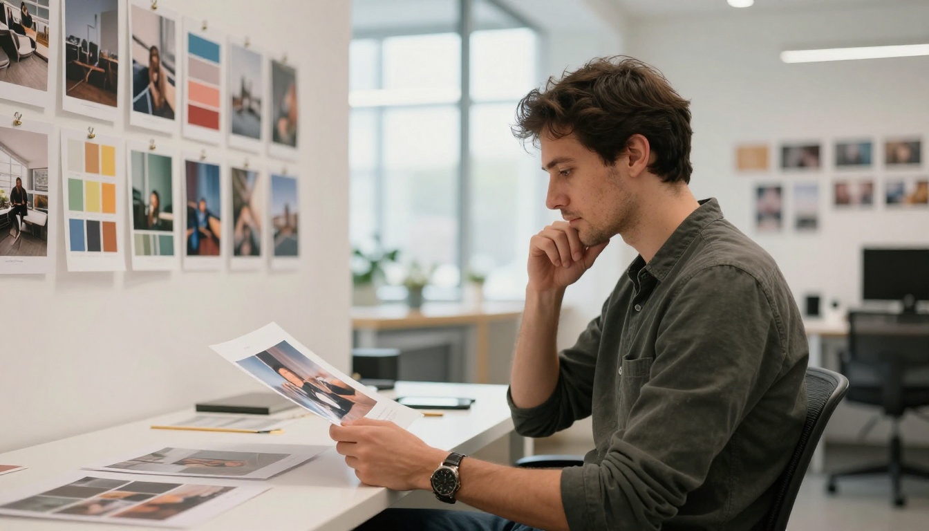 Male creative director reviewing large-format print in studio