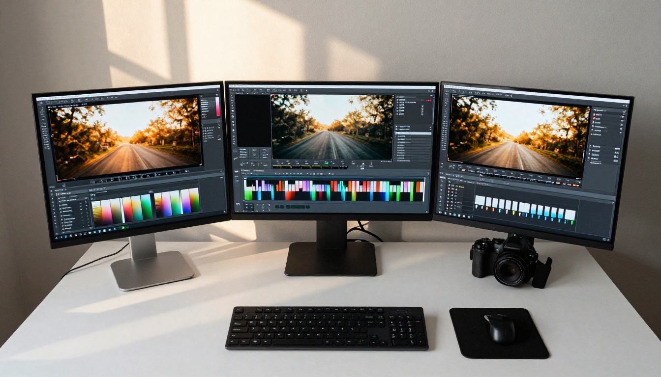 Aerial view of dual monitor editing workstation with AI image comparison