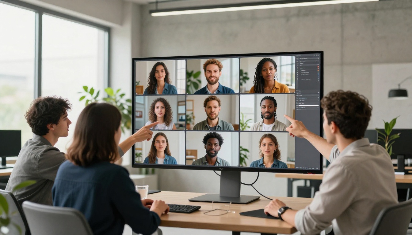 Creative team reviewing AI image comparison on large studio monitor