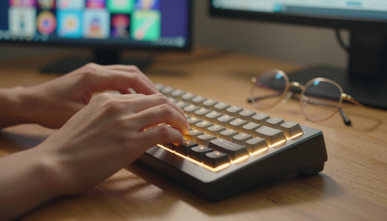 Creator typing at keyboard with AI images on screen