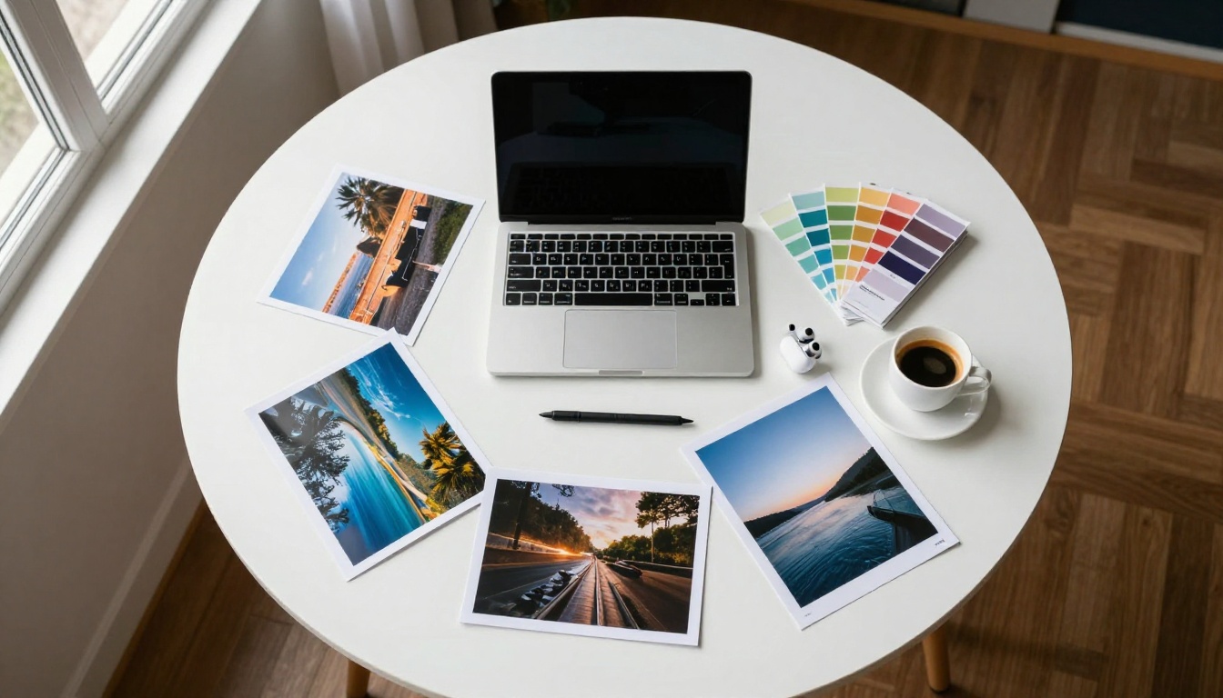Aerial view of creative workspace with prints and tools