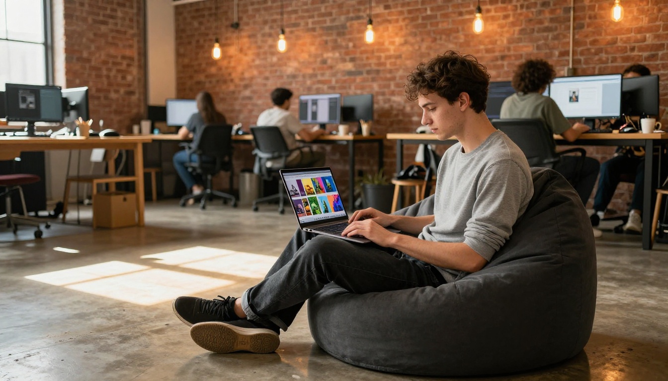 Digital artist in co-working space with laptop mood board