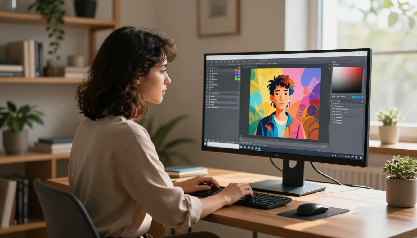 A young woman creating AI images at a sleek desk with a large monitor showing an AI interface