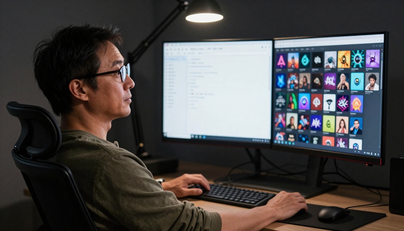 Photographer comparing two AI platform interfaces on widescreen monitor